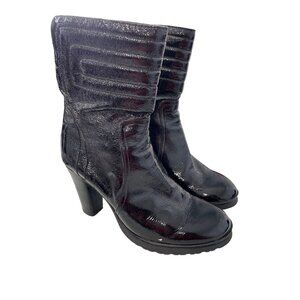 Aquatalia High Heel Mid-Calf Boots Women 9 Black Patent Leather Retro Party Chic